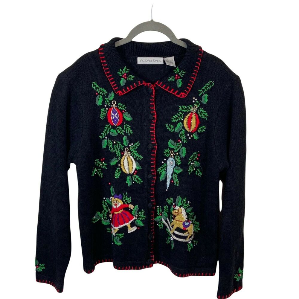 Ugly Christmas Cardigan Sweater Victoria Jones Women's Black Charming Size M